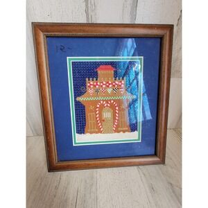 Vintage framed gingerbread house Xmas embroidery art museum glass